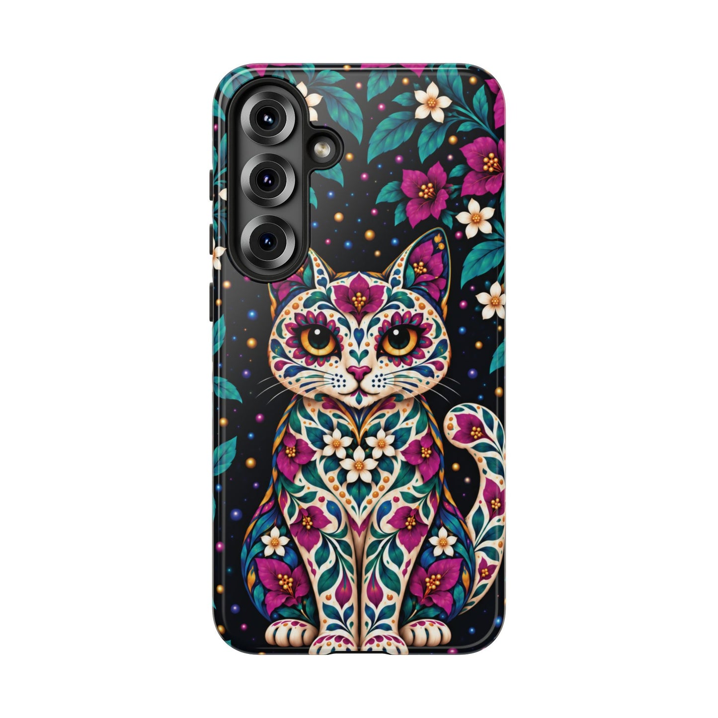 Vibrant Purple and Teal Calavera Cat Phone Case - Multicolor Phone Case - Samsung Galaxy S25 Plus / Glossy