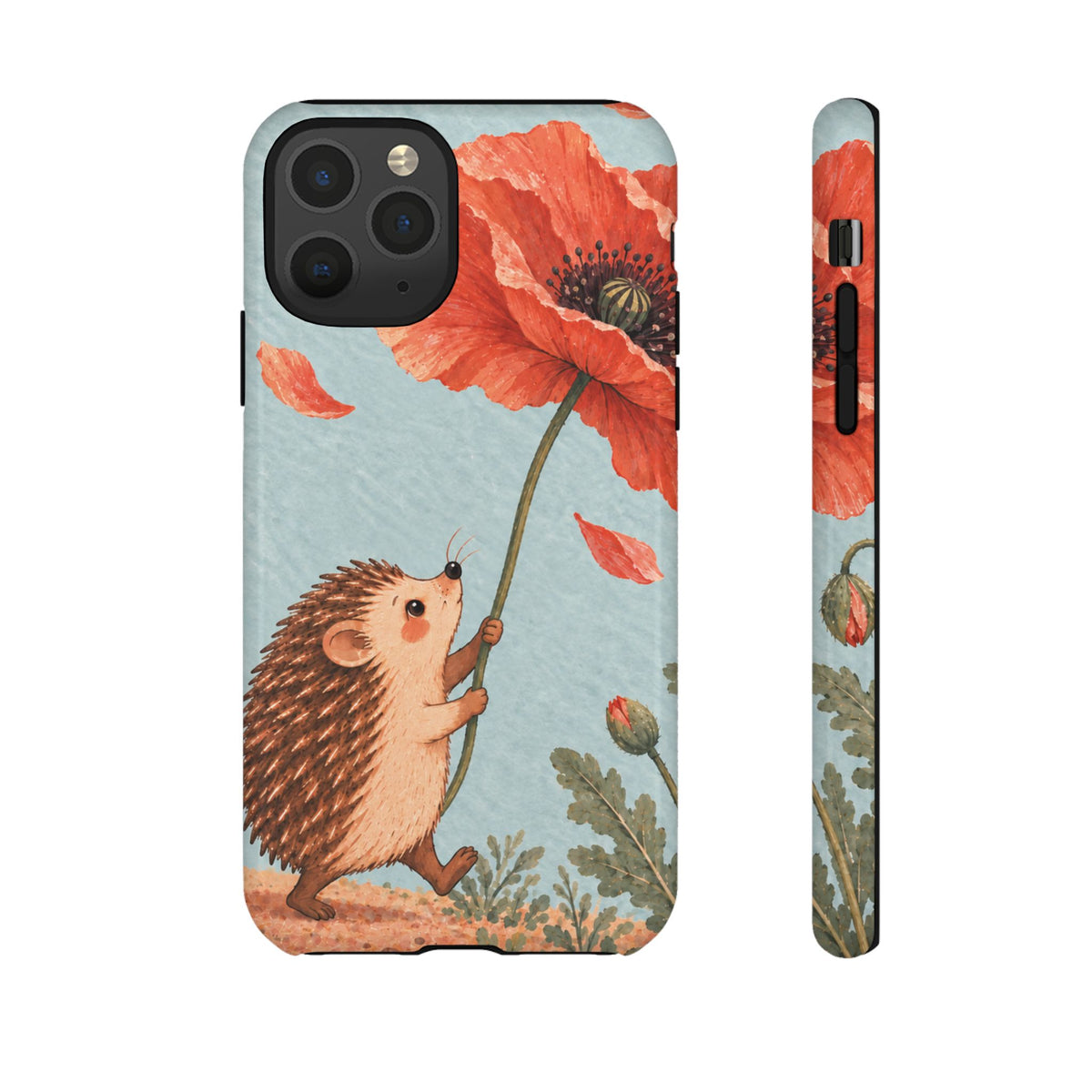 Whimsical Pale Blue Hedgehog and Poppy Phone Case - Blue Phone Case - iPhone 11 Pro / Glossy