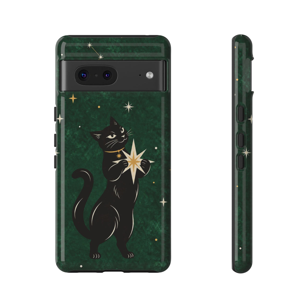 Forest Green Celestial Black Cat Phone Case - Green Phone Case - Google Pixel 7 / Glossy