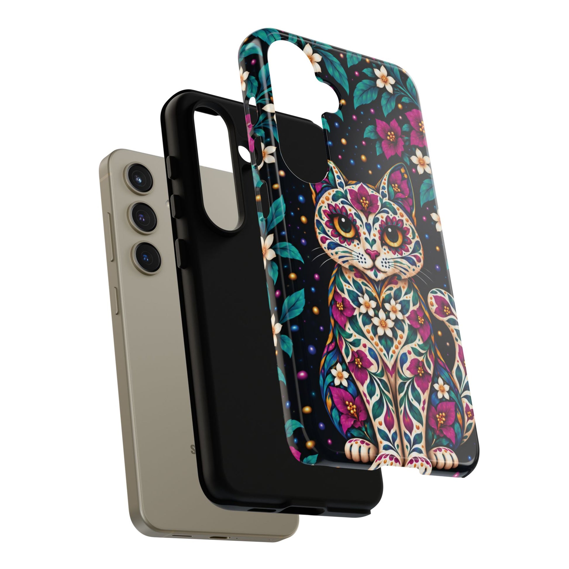 Vibrant Purple and Teal Calavera Cat Phone Case - Multicolor Phone Case