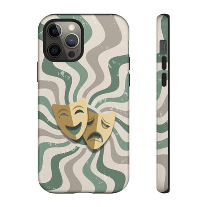 iPhone 12 Pro / Glossy Phone Case - Comedy & Tragedy Masks – Green Minimal Retro Wave Phone Case