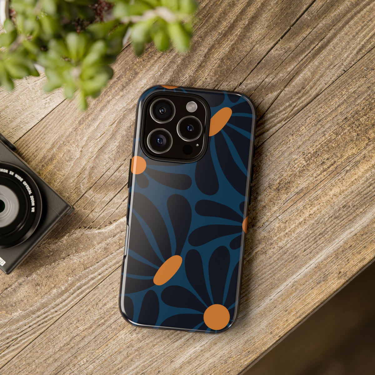 Dark Blue & Orange Daisy Pattern Phone Case - Blue Phone Case