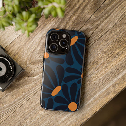 Dark Blue & Orange Daisy Pattern Phone Case - Blue Phone Case