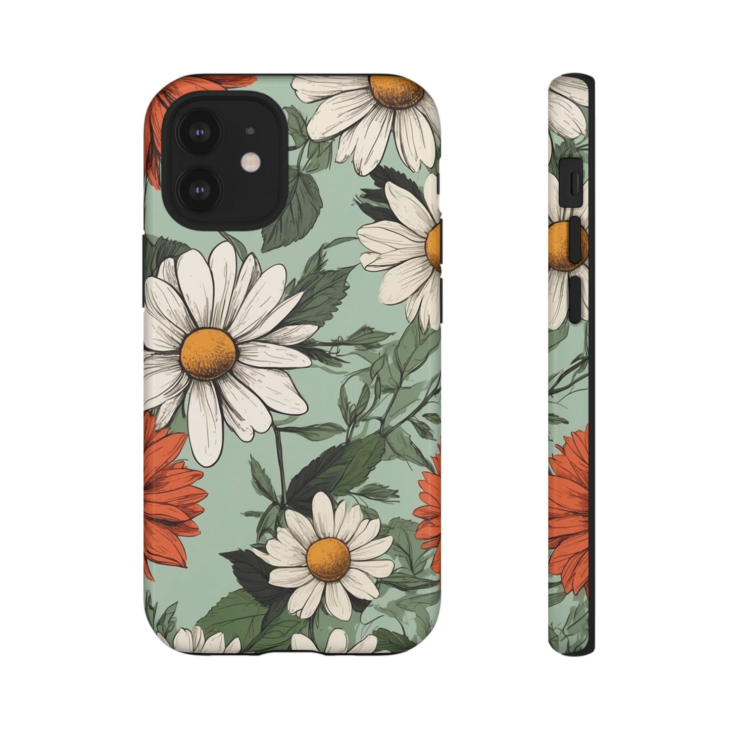 iPhone 12 Mini / Glossy Phone Case - Boho Chic Daisies Floral Pattern ’White & Orange’ Phone Case