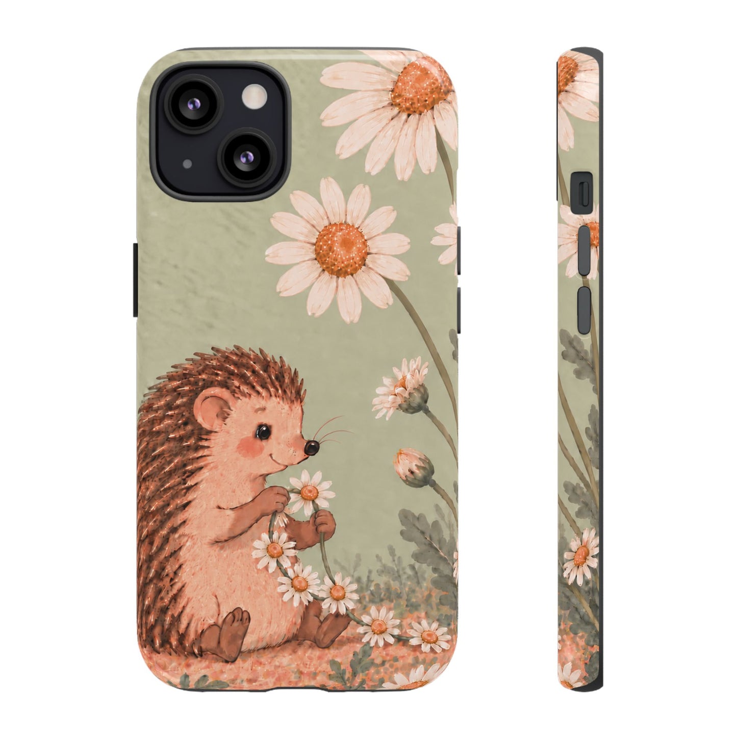 Whimsical Sage Green Hedgehog and Daisy Chain Phone Case - Green Phone Case - iPhone 13 / Glossy