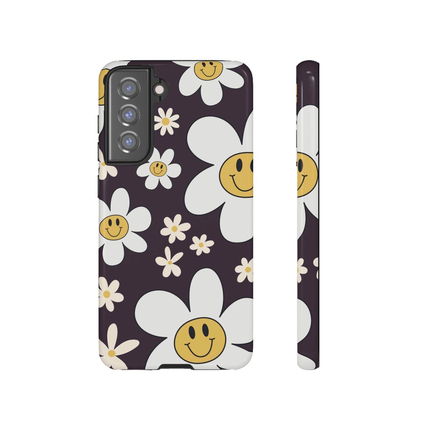 Samsung Galaxy S21 FE / Glossy Phone Case - Fun Retro Daisy Pattern with Purple Background Phone Case