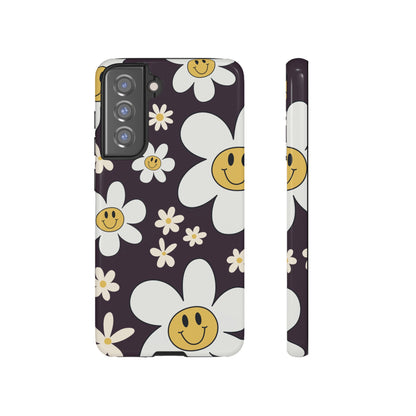 Samsung Galaxy S21 FE / Glossy Phone Case - Fun Retro Daisy Pattern with Purple Background Phone Case