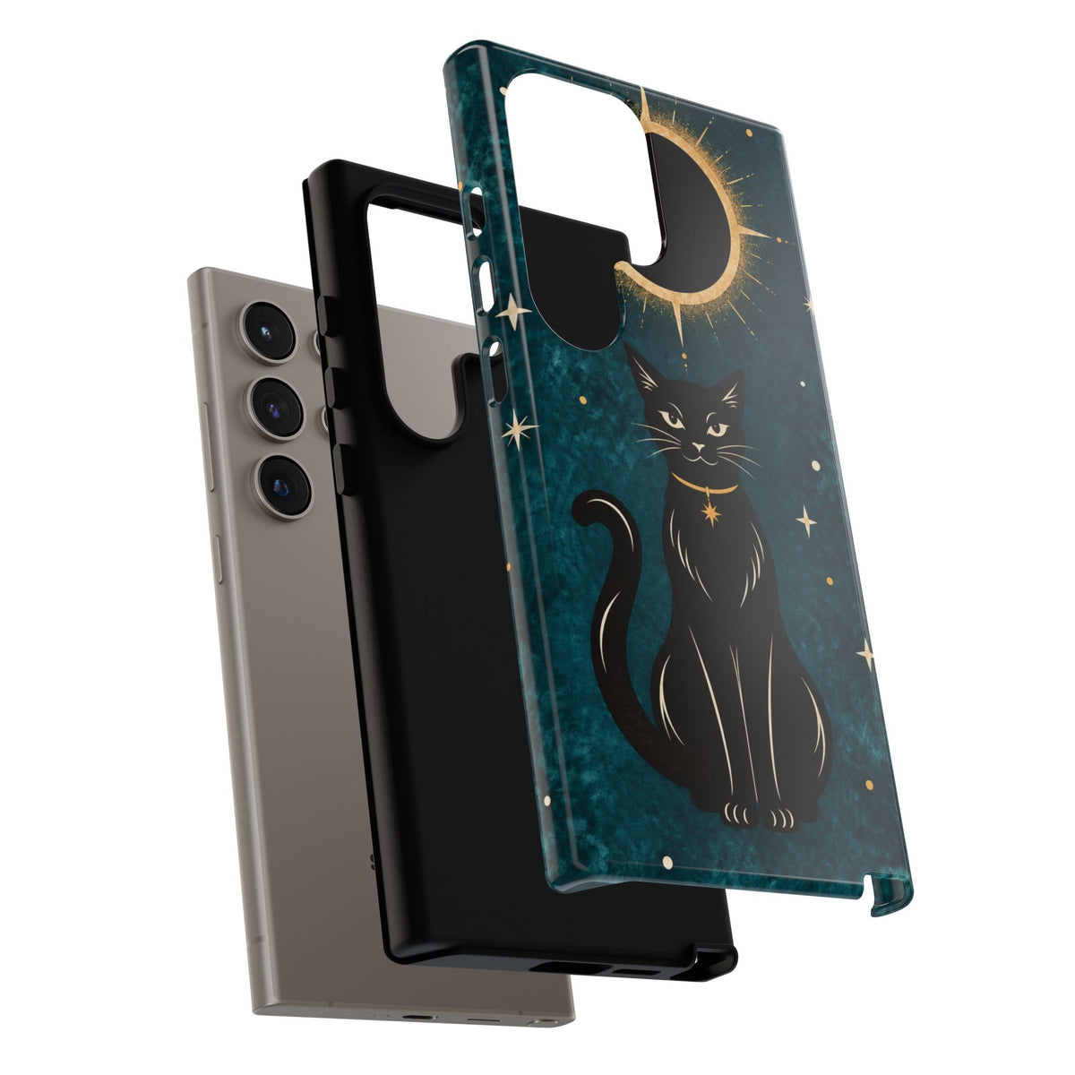 Whimsical Teal Celestial Black Cat Phone Case