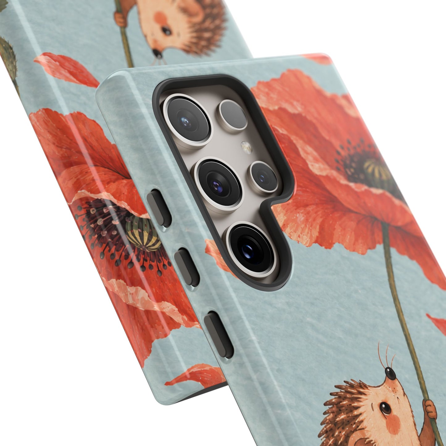 Whimsical Pale Blue Hedgehog and Poppy Phone Case - Blue Phone Case