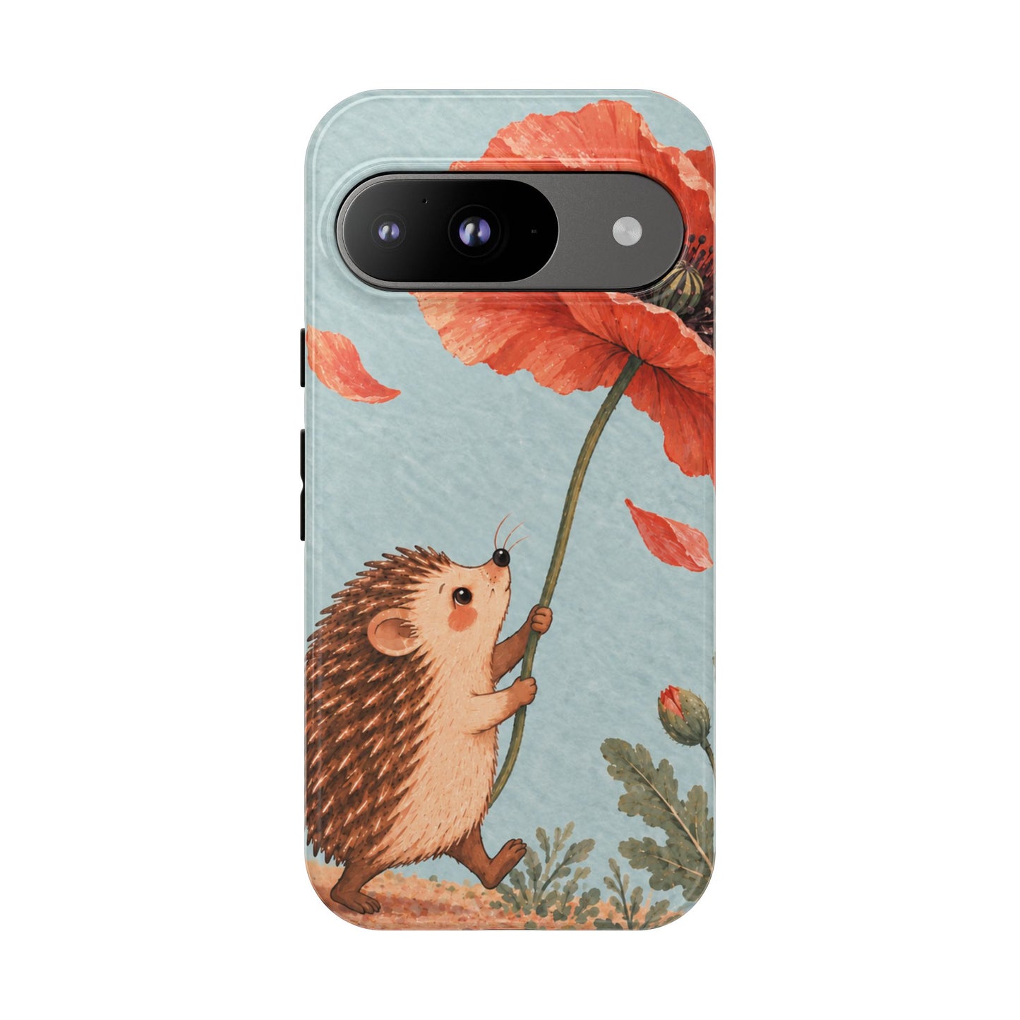 Whimsical Pale Blue Hedgehog and Poppy Phone Case - Blue Phone Case - Google Pixel 9 / Glossy