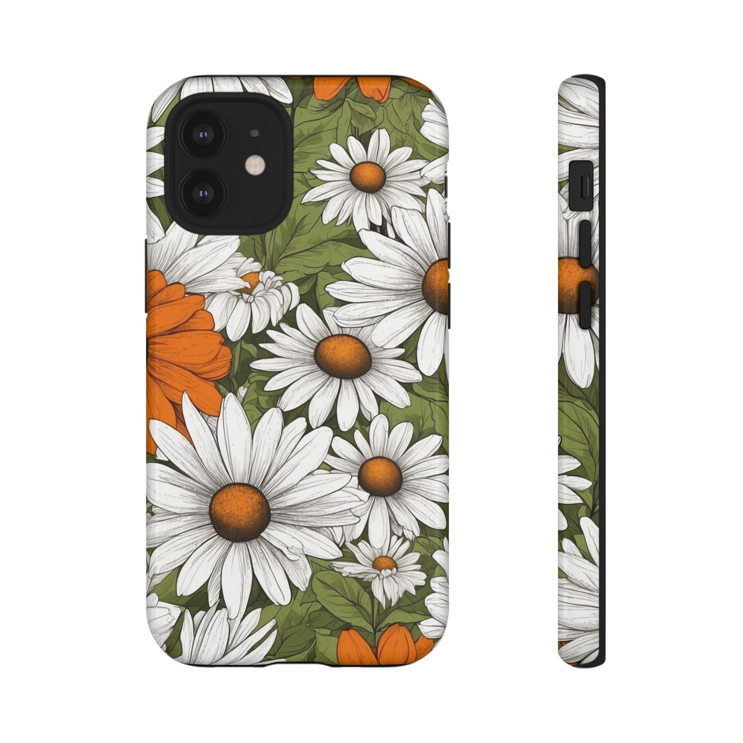 iPhone 12 Mini / Glossy Phone Case - Boho Chic Daisies Floral Pattern ’White Orange & Green’ Phone Case