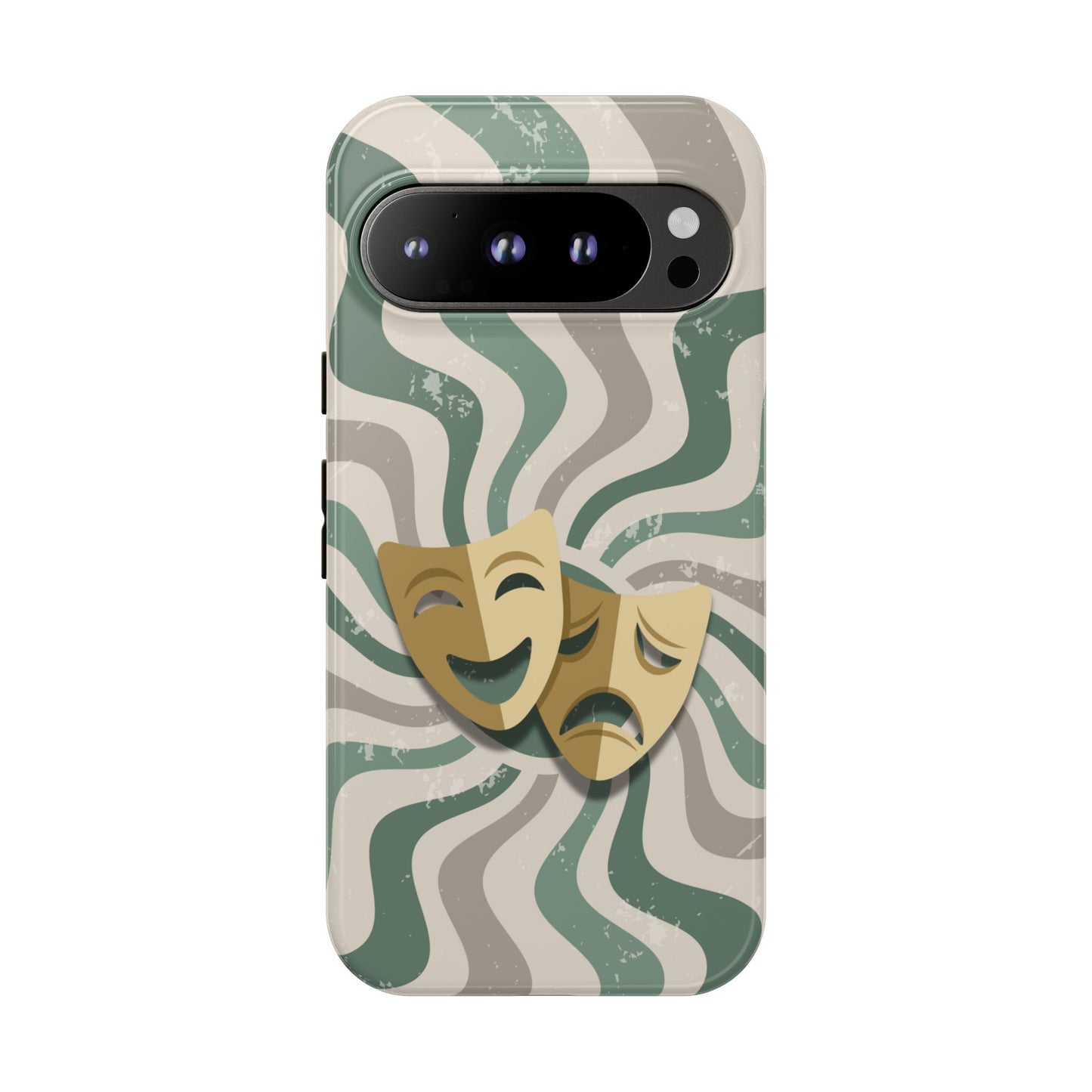 Google Pixel 9 Pro / Glossy Phone Case - Comedy & Tragedy Masks – Green Minimal Retro Wave Phone Case