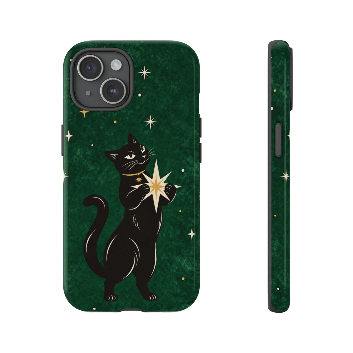 Forest Green Celestial Black Cat Phone Case - Green Phone Case - iPhone 15 / Glossy