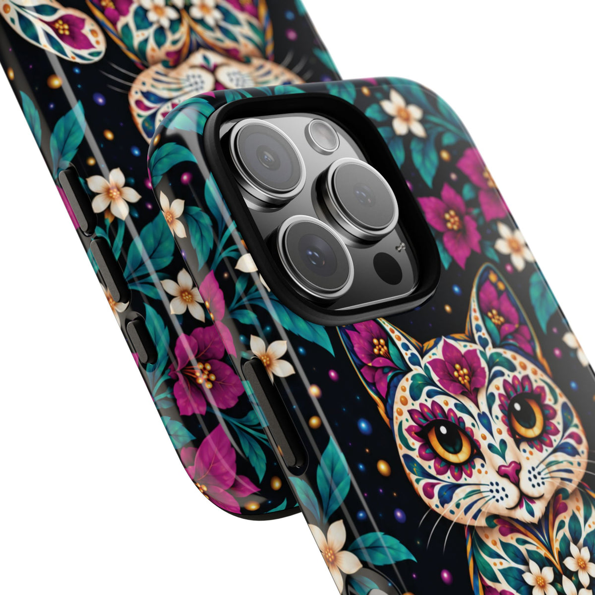 Vibrant Purple and Teal Calavera Cat Phone Case - Multicolor Phone Case