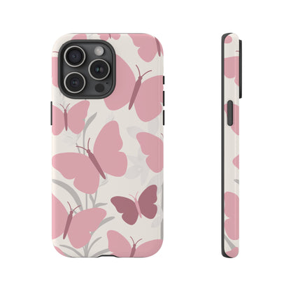 iPhone 15 Pro Max / Glossy Phone Case - Minimalist Cream & Pink Butterfly Pattern Phone Case