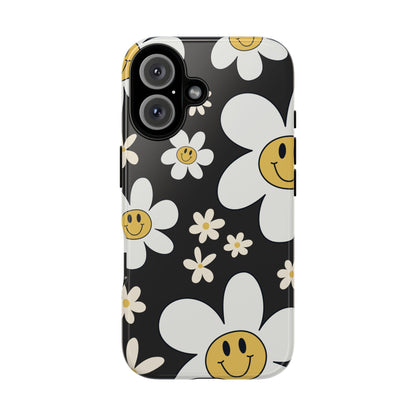iPhone 16 / Glossy Phone Case - Fun Retro Daisy Pattern with Dark Grey Background Phone Case