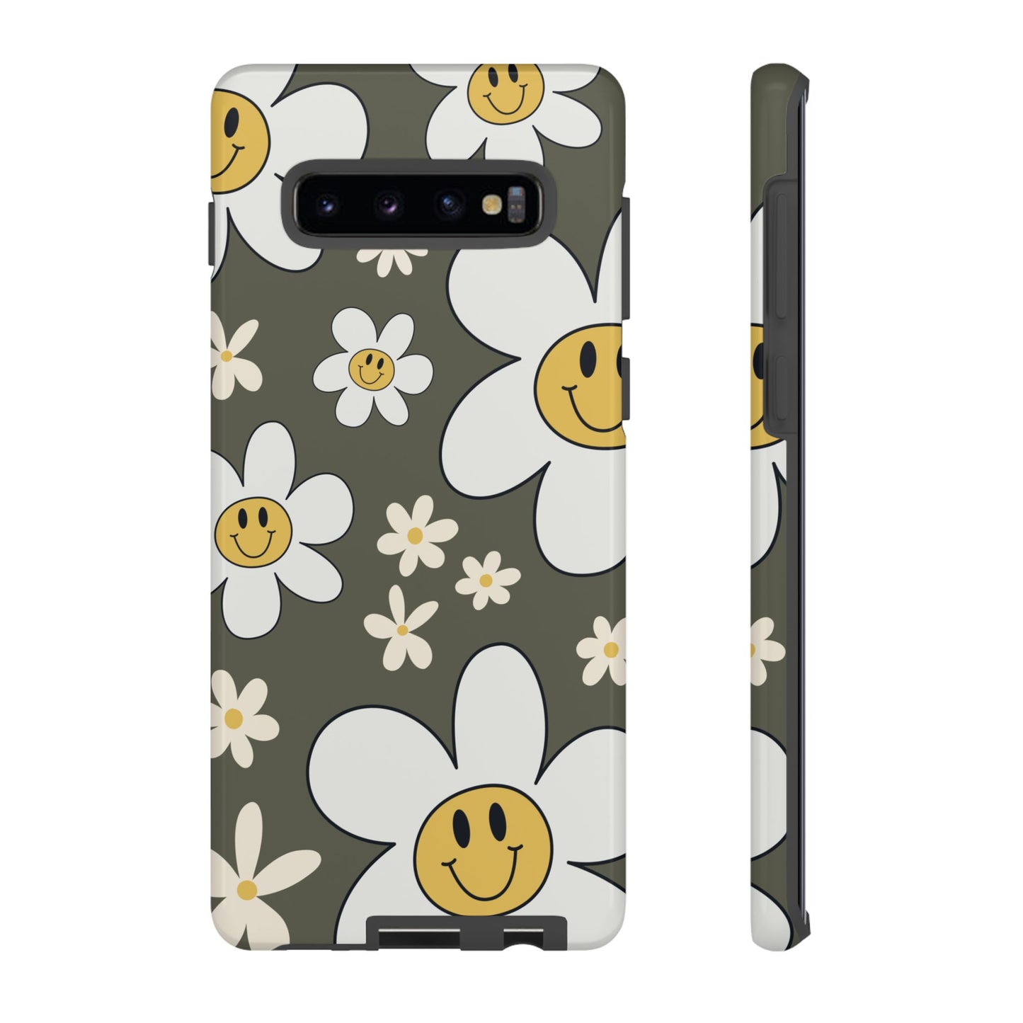 Samsung Galaxy S10 Plus / Glossy Phone Case - Fun Retro Daisy Pattern with Olive Green Background Phone Case