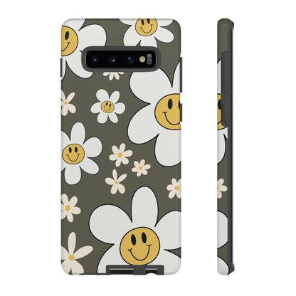 Samsung Galaxy S10 Plus / Glossy Phone Case - Fun Retro Daisy Pattern with Olive Green Background Phone Case