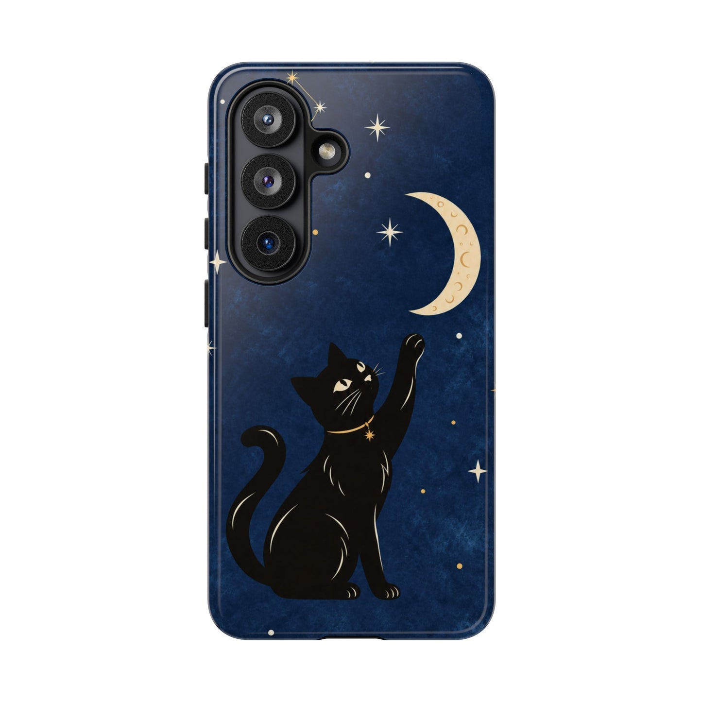 Whimsical Navy Blue Celestial Black Cat Phone Case