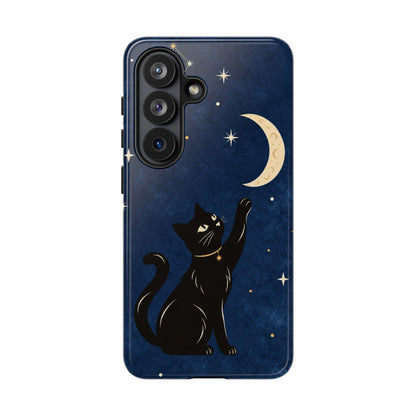 Whimsical Navy Blue Celestial Black Cat Phone Case
