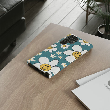 Fun Retro Daisy Pattern with Light Blue Background Phone Case - Blue Phone Case