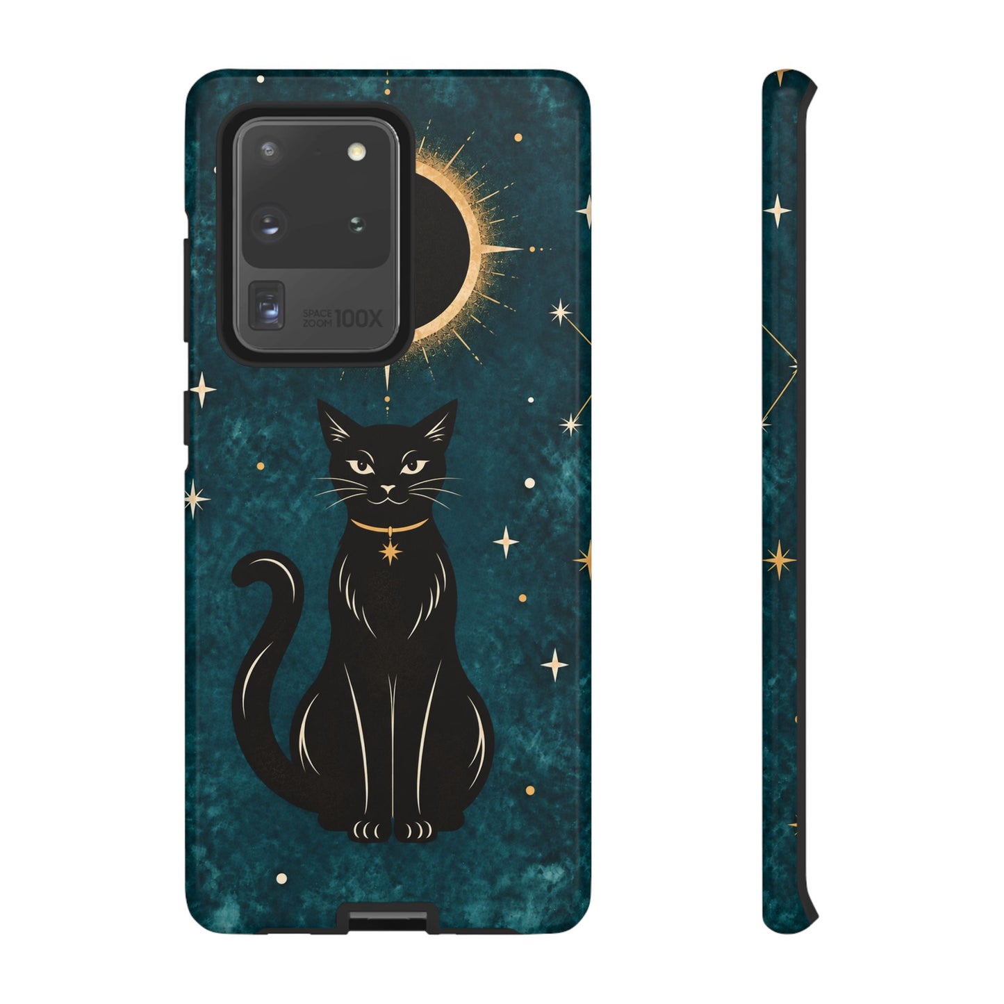 Whimsical Teal Celestial Black Cat Phone Case