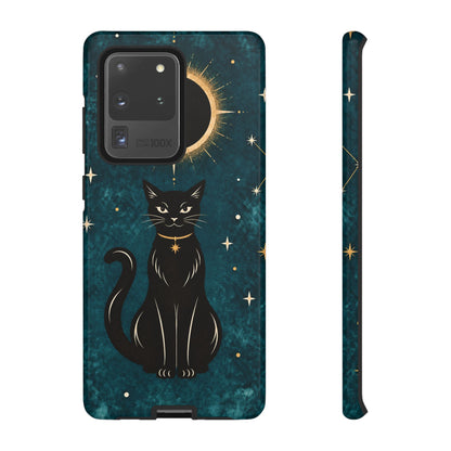 Whimsical Teal Celestial Black Cat Phone Case