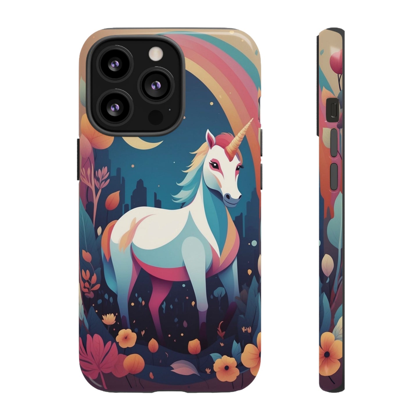 iPhone 13 Pro / Glossy Phone Case - Stylised Unicorn & Rainbow Design Phone Case