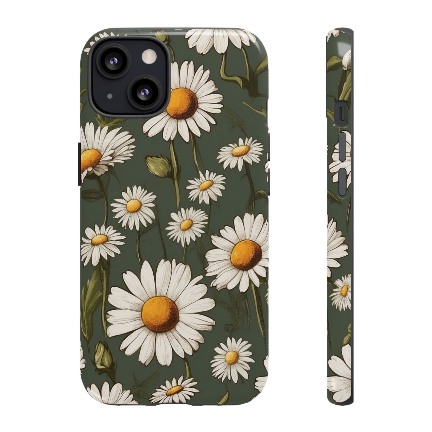 iPhone 13 / Glossy Phone Case - Boho Chic Daisies Floral Pattern ’White & Green’ Phone Case