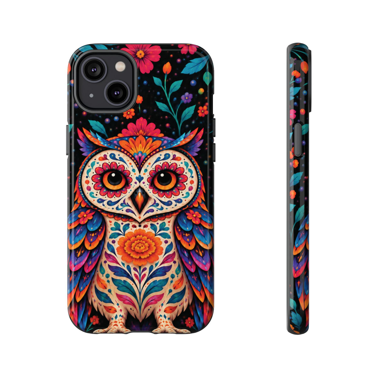 Vibrant Orange and Turquoise Calavera Owl Phone Case - Multicolor Phone Case - iPhone 14 Plus / Glossy