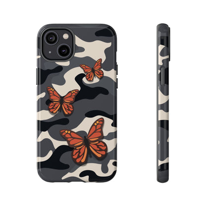iPhone 14 Plus / Glossy Phone Case - Black & Orange Butterfly Camo Phone Case
