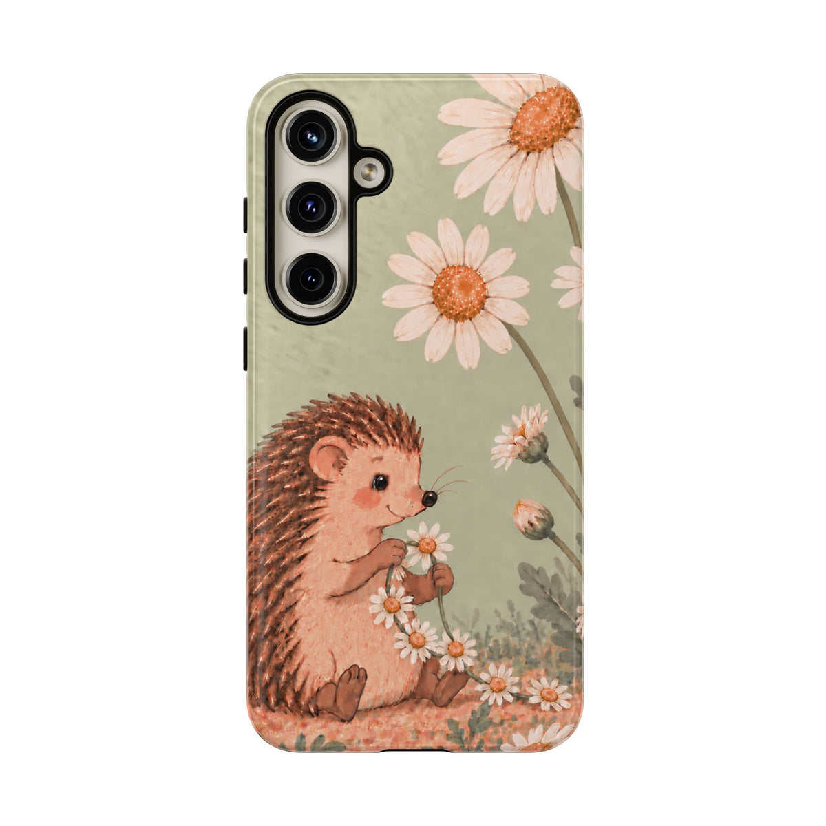 Whimsical Sage Green Hedgehog and Daisy Chain Phone Case - Green Phone Case - Samsung Galaxy S24 Plus / Glossy
