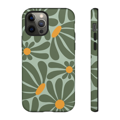 iPhone 12 Pro / Glossy Phone Case - Retro Green Daisy Pattern Phone Case