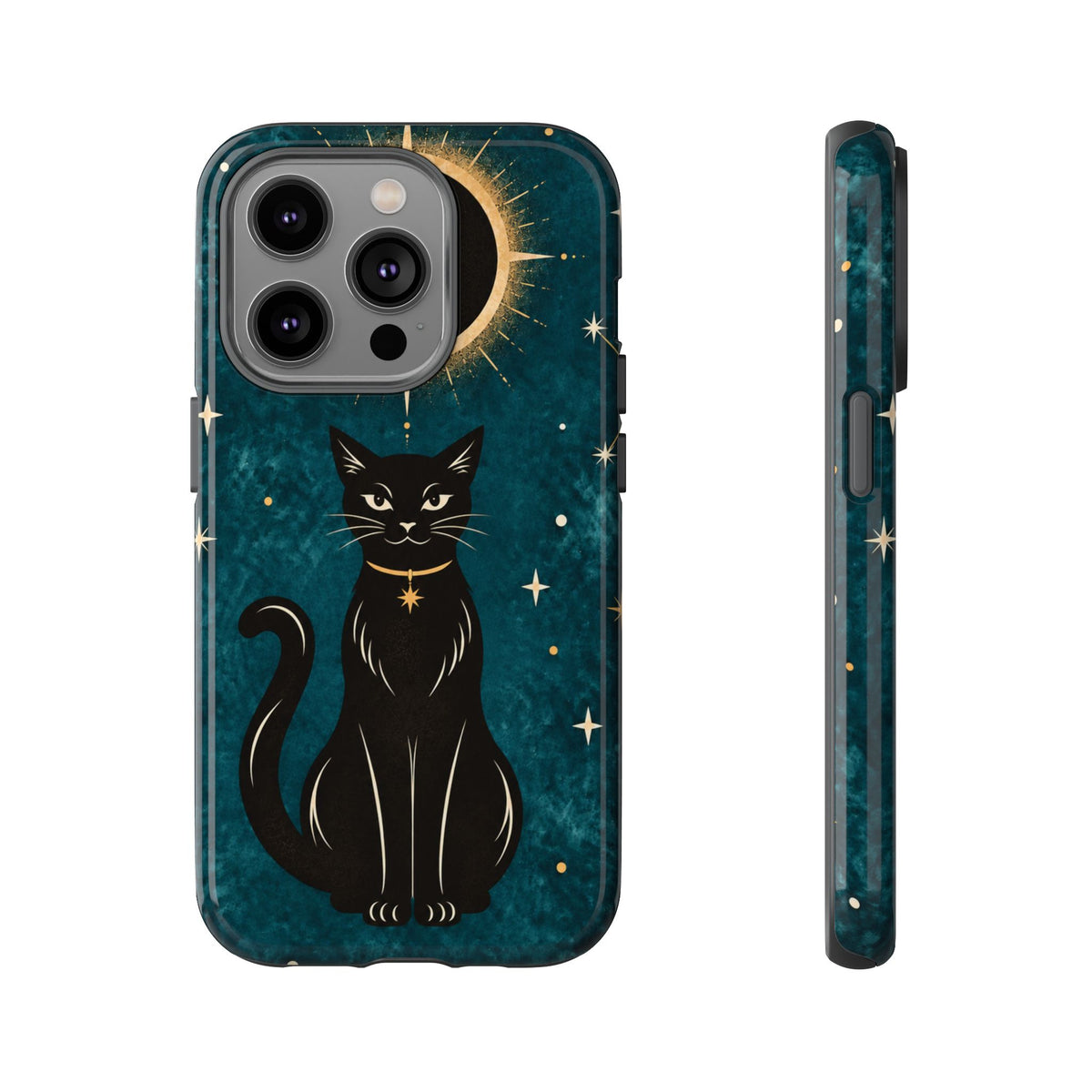 Whimsical Teal Celestial Black Cat Phone Case