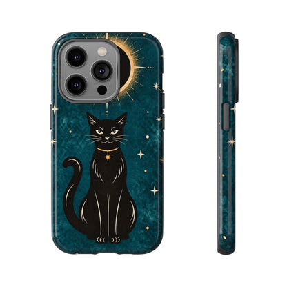 Whimsical Teal Celestial Black Cat Phone Case
