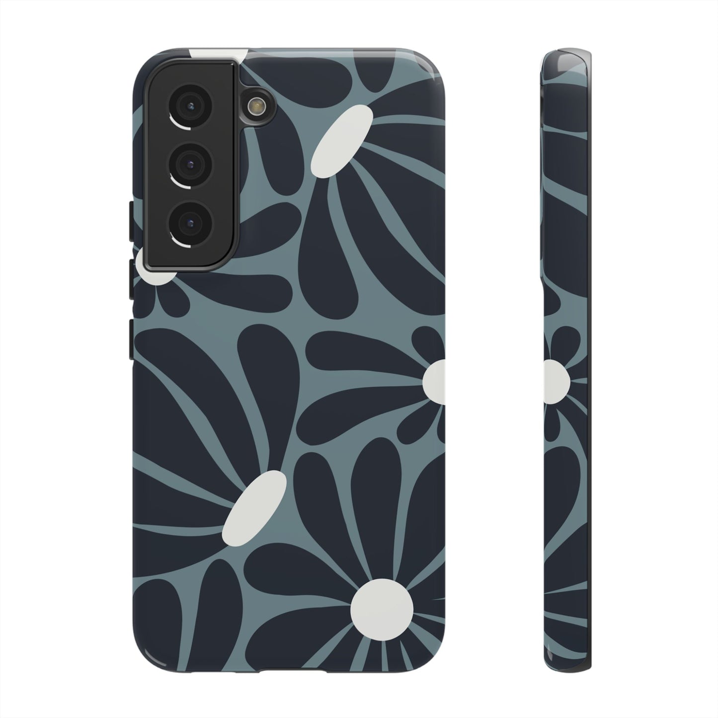 Samsung Galaxy S22 / Glossy Phone Case - ’Retro Navy Blue & White Daisy Pattern’ Phone Case