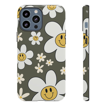 iPhone 13 Pro Max / Glossy Phone Case - Fun Retro Daisy Pattern with Olive Green Background Phone Case