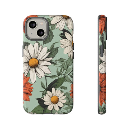 iPhone 14 / Glossy Phone Case - Boho Chic Daisies Floral Pattern ’White & Orange’ Phone Case