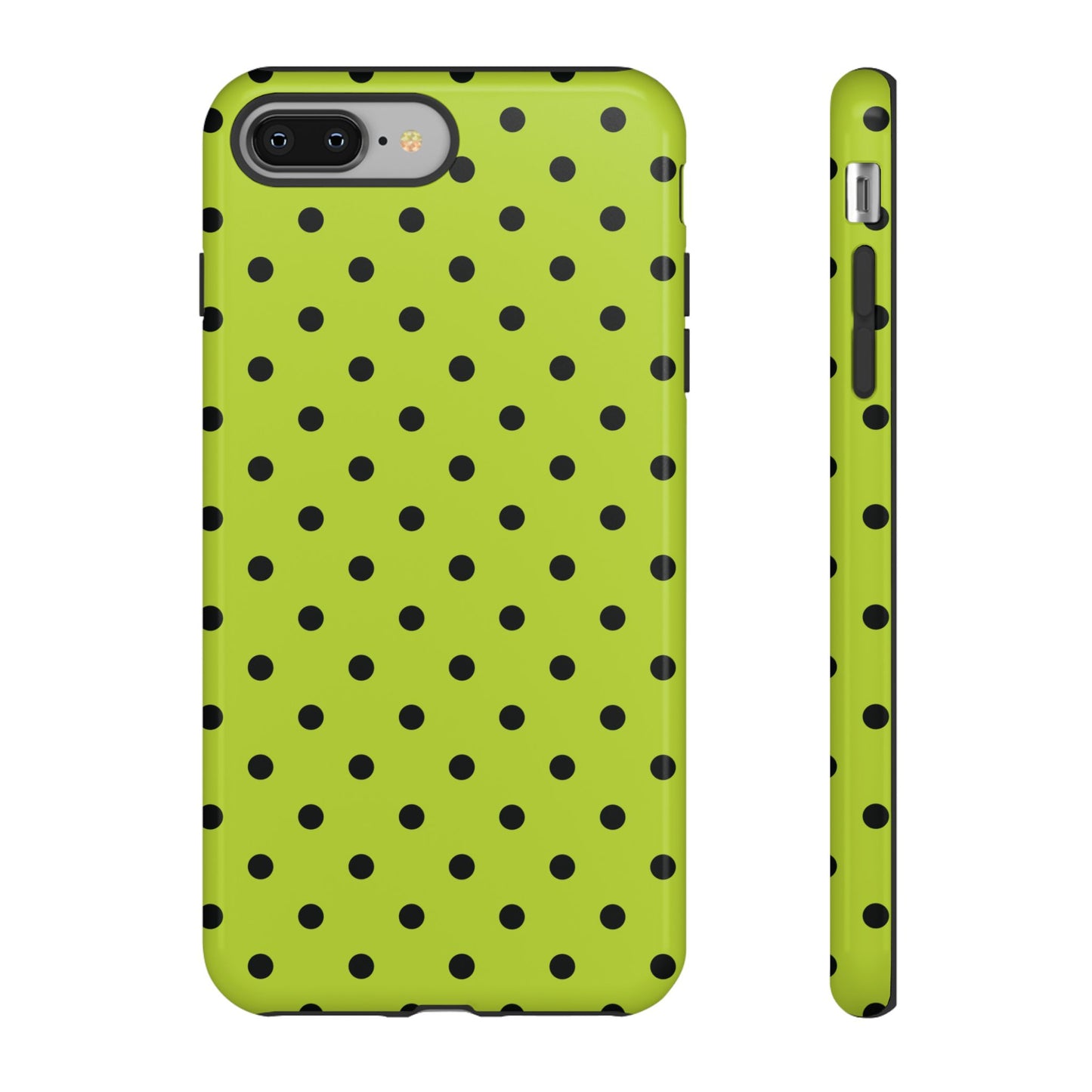 iPhone 8 Plus / Glossy Phone Case - Trendy Neon Lime Green & Black Dot Pattern Phone Case