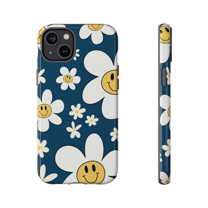 Fun Retro Daisy Pattern with Blue Background Phone Case - Blue Phone Case - iPhone 14 Plus / Glossy
