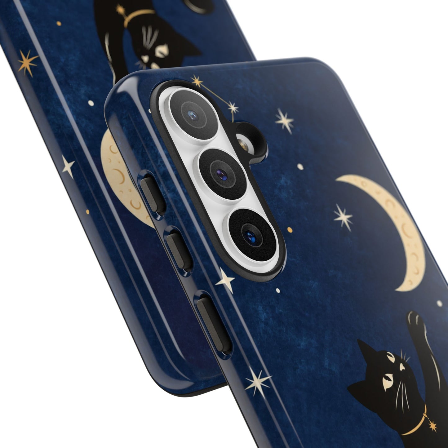 Whimsical Navy Blue Celestial Black Cat Phone Case