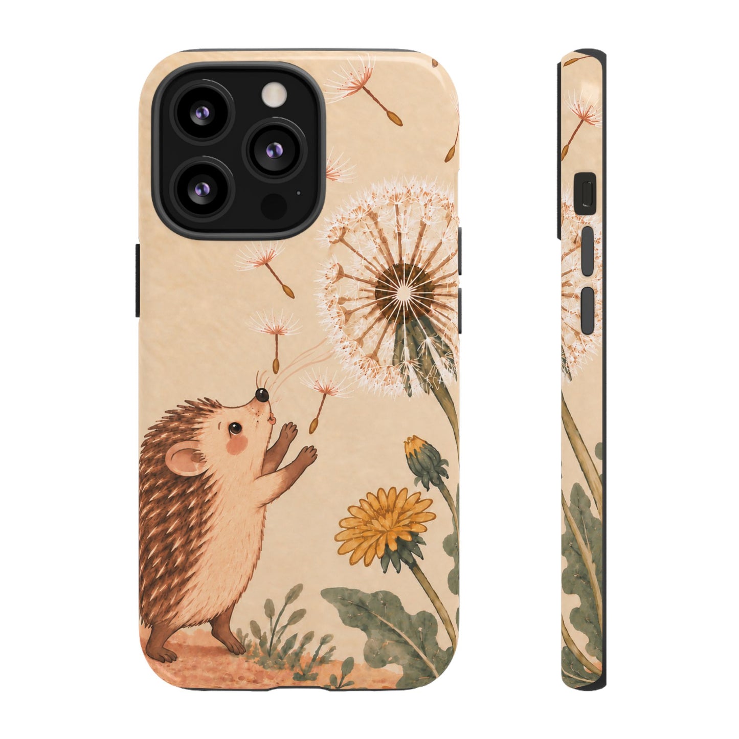 Whimsical Cream Hedgehog and Dandelion Phone Case - White Phone Case - iPhone 13 Pro / Glossy