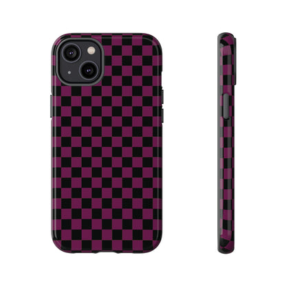 iPhone 14 Plus / Glossy Phone Case - Trendy Plum & Black Small Checked Pattern Phone Case