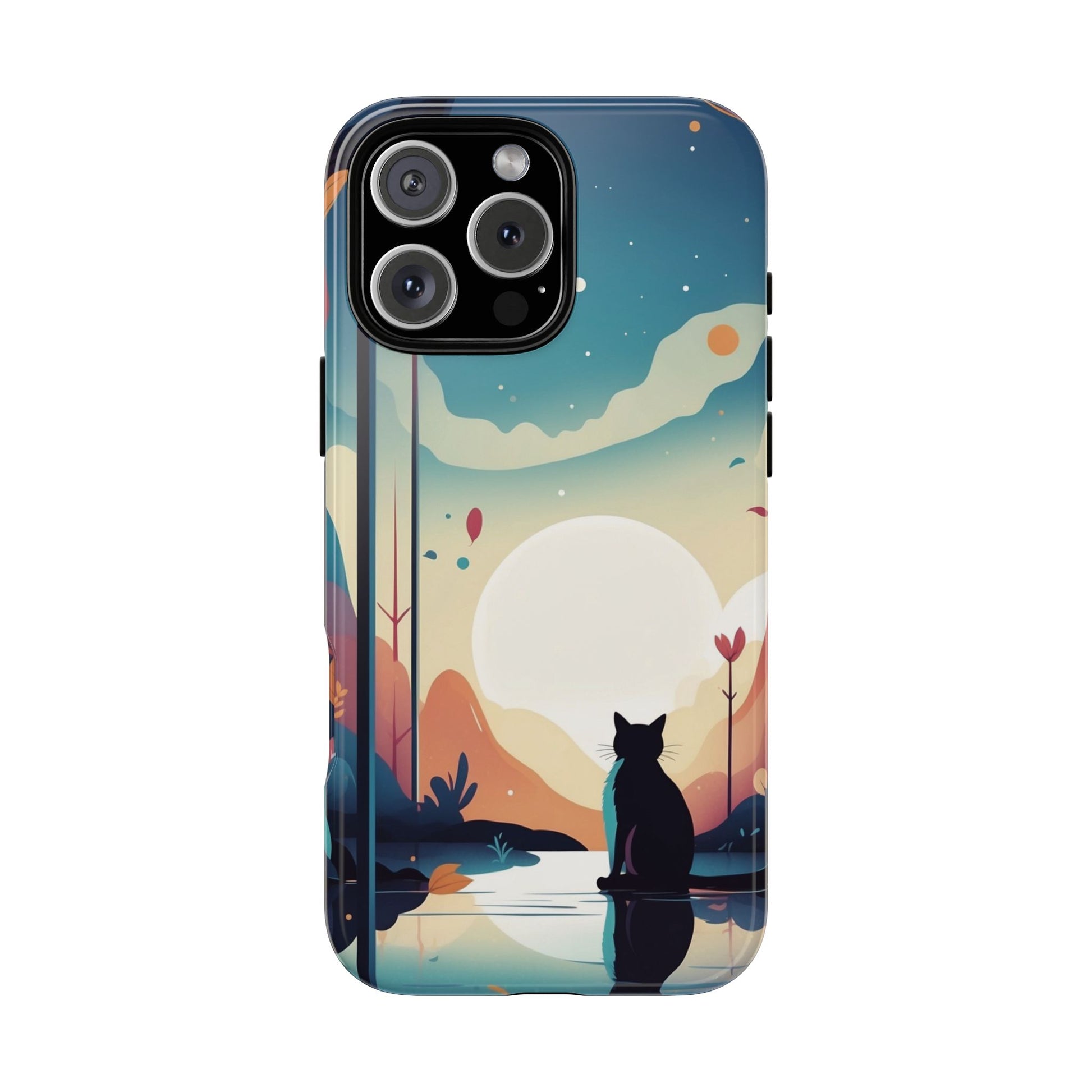 Stylised Cat & Moon Design Phone Case - Multicolor Phone Case - iPhone 16 Pro Max / Glossy