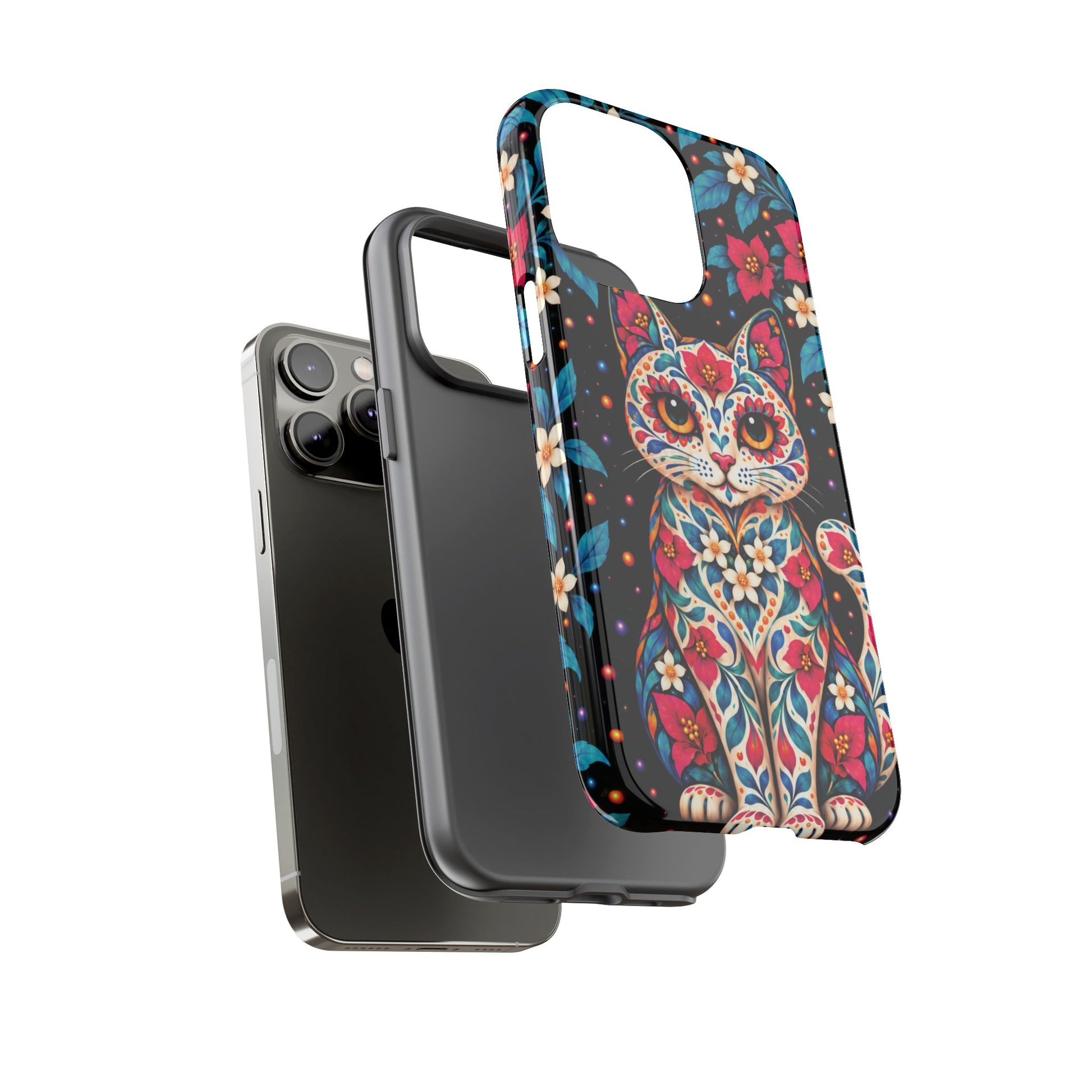 Vibrant Pink and Turquoise Calavera Cat Phone Case - Multicolor Phone Case