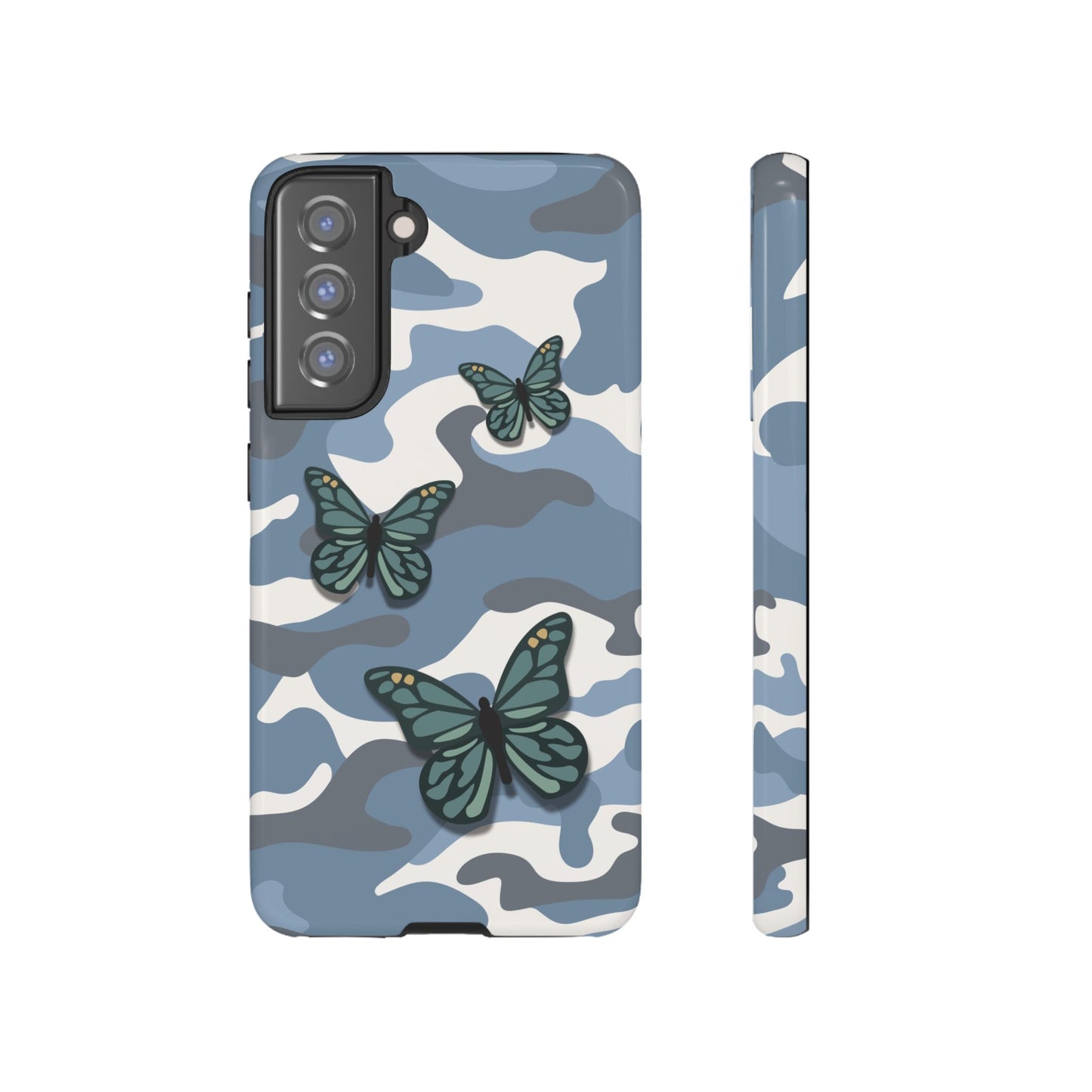 Samsung Galaxy S21 FE / Glossy Phone Case - Light Blue Butterfly Camo Phone Case