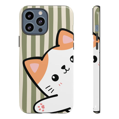 iPhone 13 Pro Max / Glossy Phone Case - Peakaboo Cat with Green Stripe Pattern Phone Case