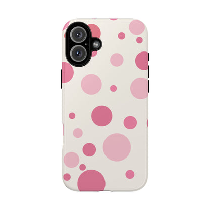 iPhone 16 Plus / Glossy Phone Case - ’Bold White with Pink Dot Pattern’ Phone Case