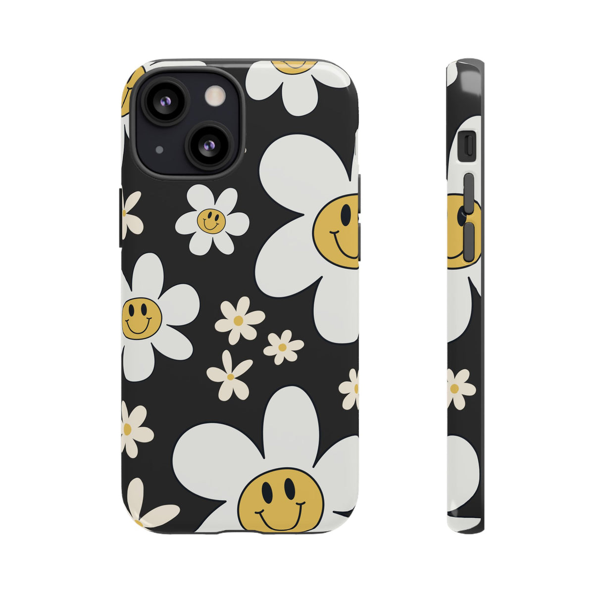 Fun Retro Daisy Pattern with Dark Grey Background Phone Case - Grey Phone Case - iPhone 13 Mini / Glossy