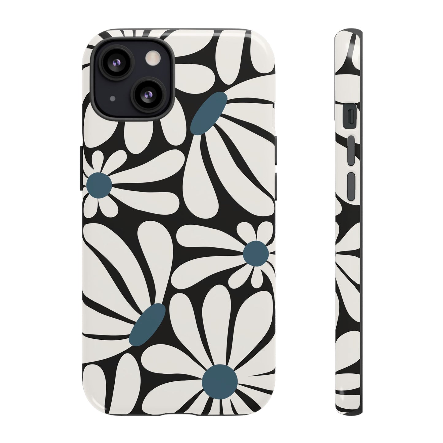 iPhone 13 / Glossy Phone Case - Retro Black Daisy Pattern Phone Case